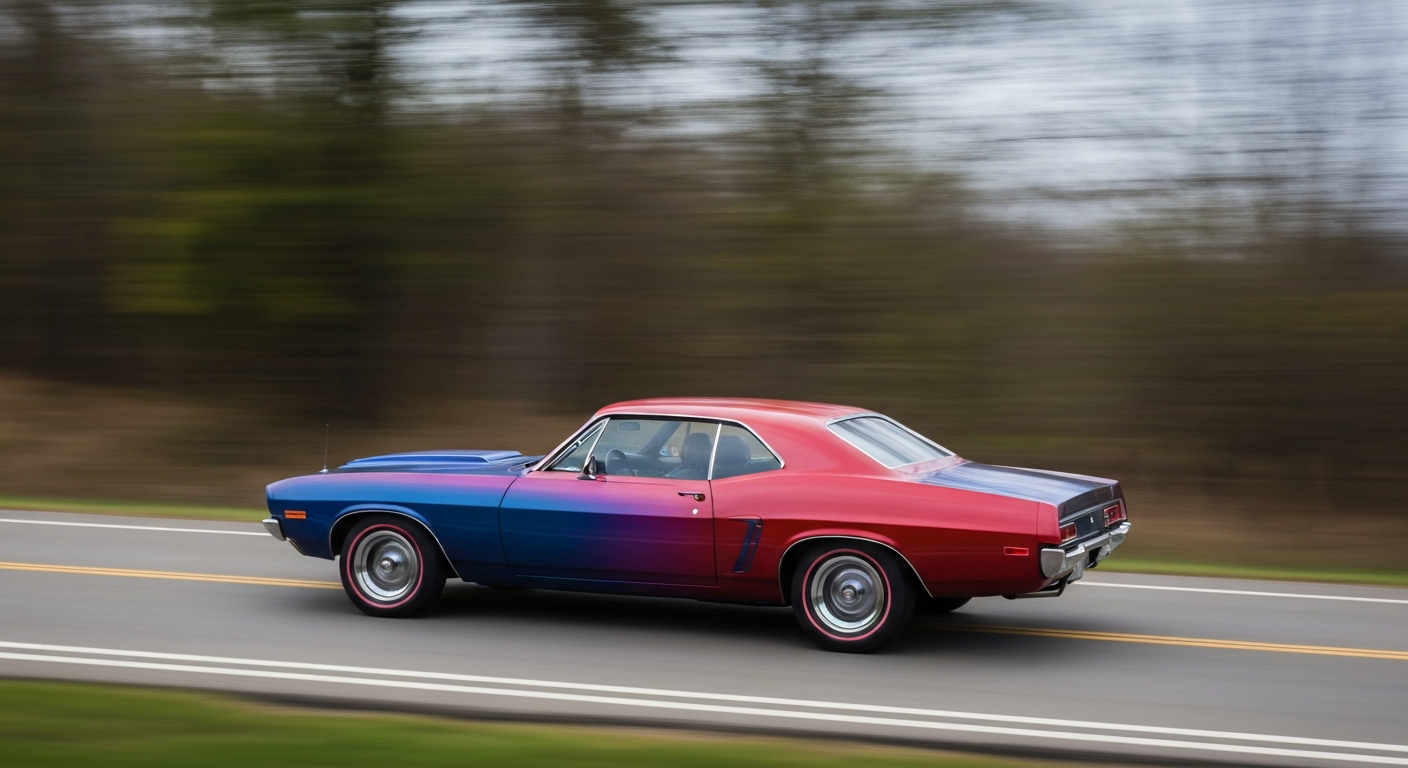 An abstract, impressionistic image of a classic American muscle car in motion, its form reduced to sweeping brushstrokes of bright red, orange, and yellow against a blurred natural landscape backdrop, conveying a sense of speed and energy.