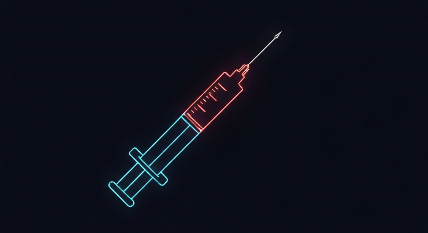 A minimalist design in the style of Keith Haring where the outline of a syringe is defined entirely by vibrant neon lines against a dark background, emphasizing the shape and electricity of this essential public health tool.