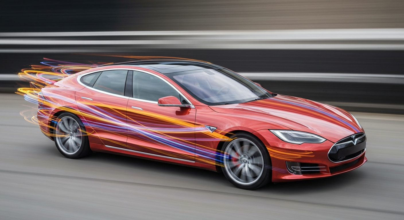 An abstract, impressionistic image of a Tesla Model S captured in a blur of vibrant colors and sweeping motion, conveying the sense of speed, technology, and change.