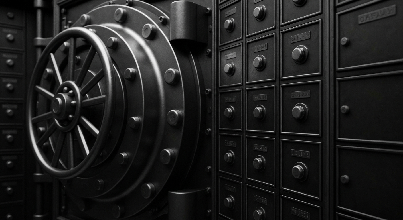 A high-contrast, black-and-white close-up image of heavy, industrial banking machinery and objects, representing the tangible financial security behind one couple's early retirement strategy.