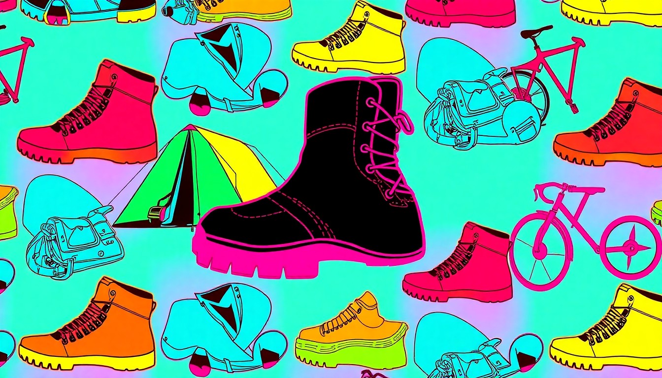 A brightly colored, high-contrast silkscreen print of a single, iconic outdoor recreation object such as a hiking boot or camping tent repeated in a tight grid pattern, capturing the vibrant, pop art spirit of the proposed upgrades to Jefferson Memorial Forest.