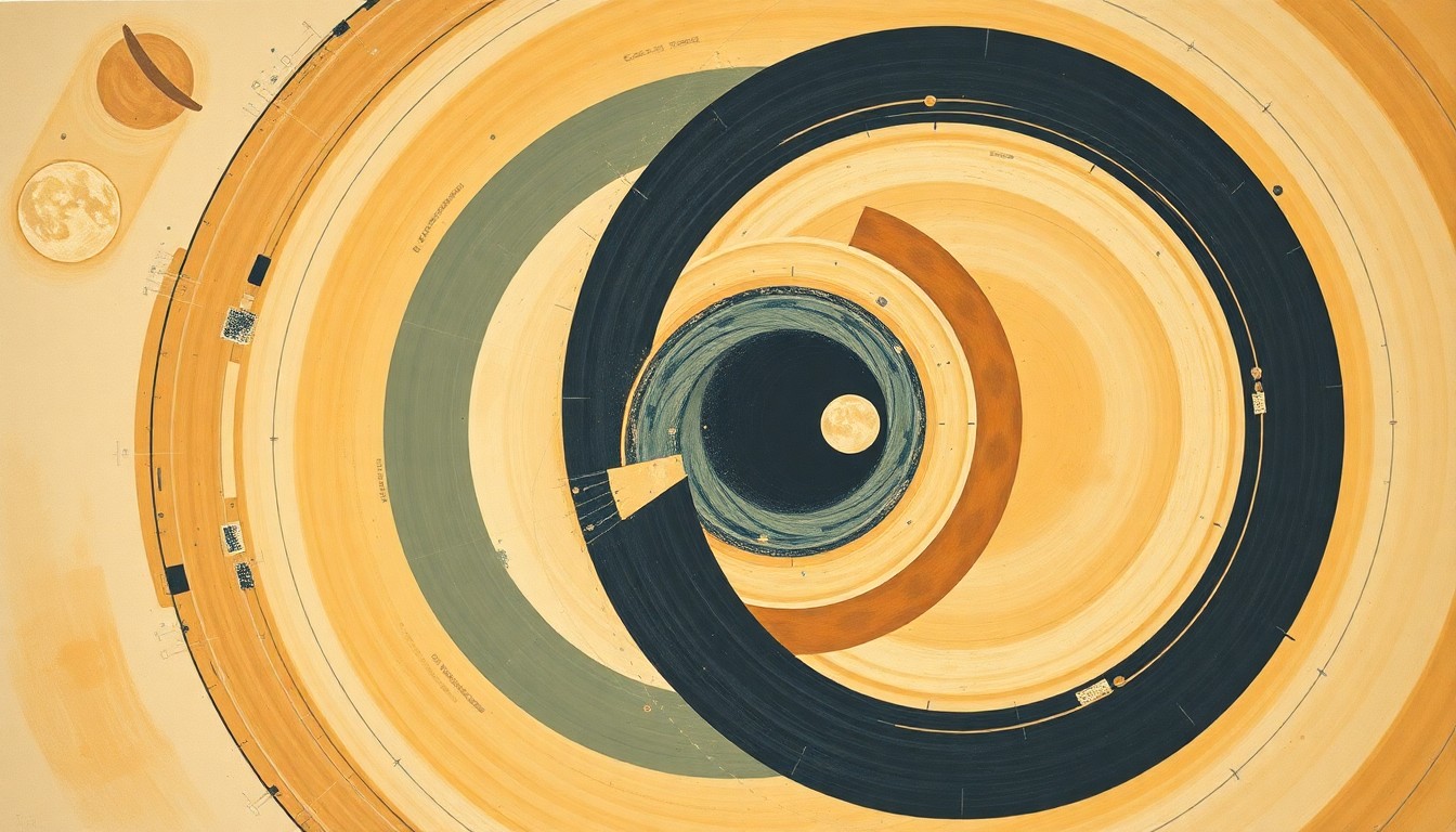 A highly structured abstract painting in muted earth tones, featuring sweeping geometric arcs, concentric circles, and precise spirals, representing the complex systems and forces that propelled the Artemis 2 mission to the Moon and back.