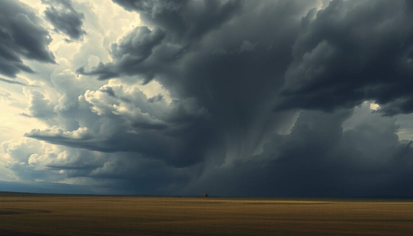 A vast, atmospheric landscape painting in muted tones of gray, blue, and green, with a dramatic, stormy sky dominating the composition and obscuring the horizon, conceptually representing the overwhelming power of an impending severe weather system.