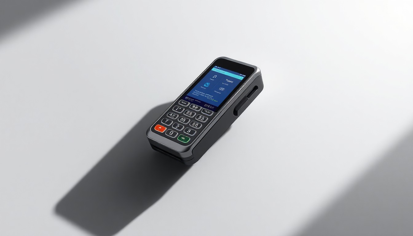 A photorealistic studio still-life of a sleek, modern digital payment terminal made of polished metal and glass, floating on a clean, monochromatic background and bathed in dramatic studio lighting, conceptually representing the integration of fintech into the physical world of sports and entertainment.