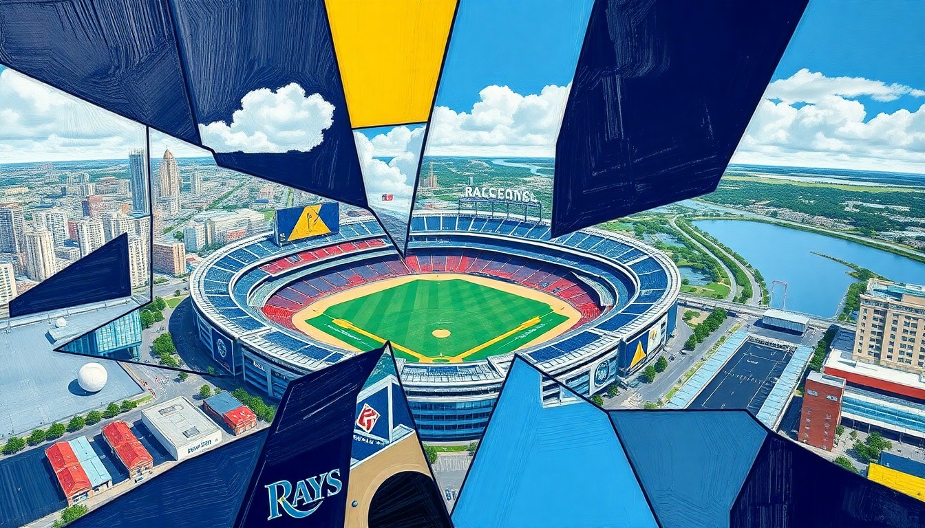 A fractured, geometric painting in the style of Pablo Picasso, depicting a baseball stadium and surrounding cityscape broken down into sharp, overlapping planes of navy blue, powder blue, and yellow, capturing the multifaceted nature of the Rays' stadium saga.