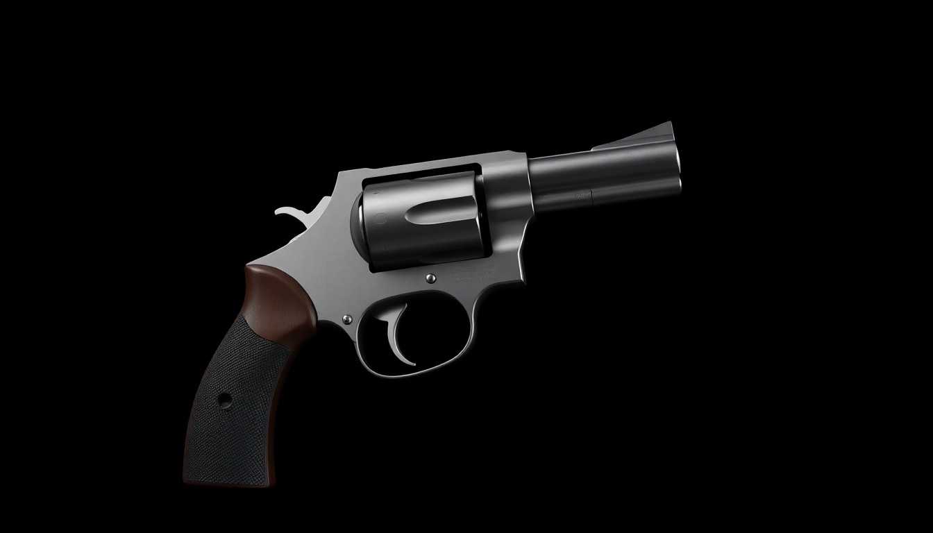 An extreme close-up photograph of a .38 caliber revolver against a pitch-black background, lit by a harsh, direct camera flash, conceptually representing the mystery and investigation surrounding the disappearance of a retired Air Force general.