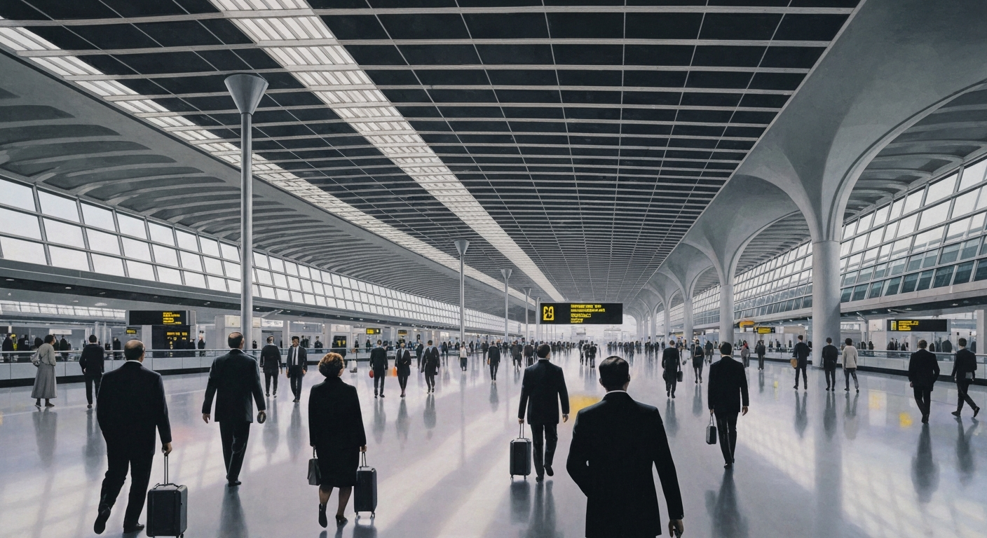 A highly stylized, geometric illustration depicting the grand scale and sweeping perspectives of a busy airport terminal, with sleek, streamlined forms and airbrushed gradients, capturing the complex interplay between security operations and immigration enforcement.