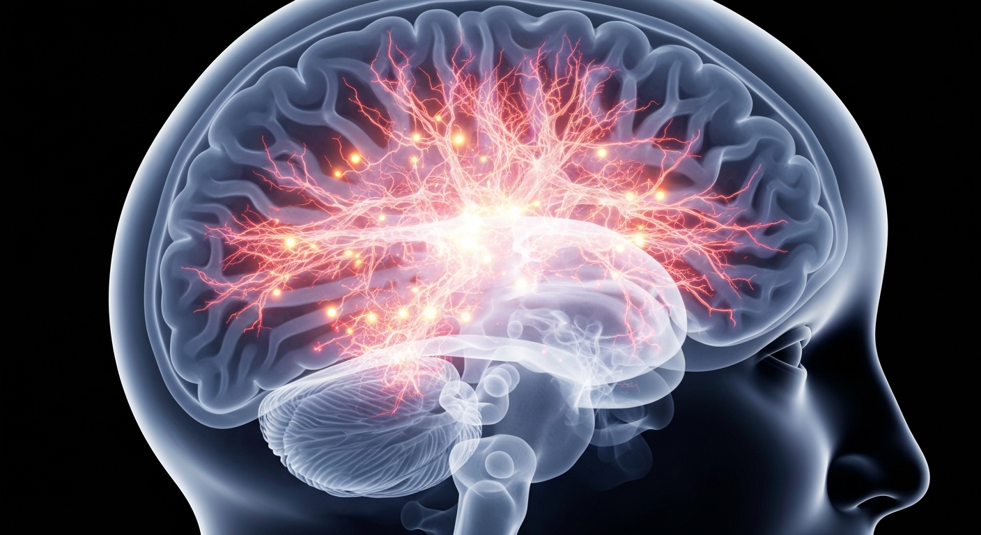A ghostly, translucent X-ray photograph revealing the intricate structures of a human brain, with glowing neural pathways and regions representing the complex neurological effects of opioid addiction.