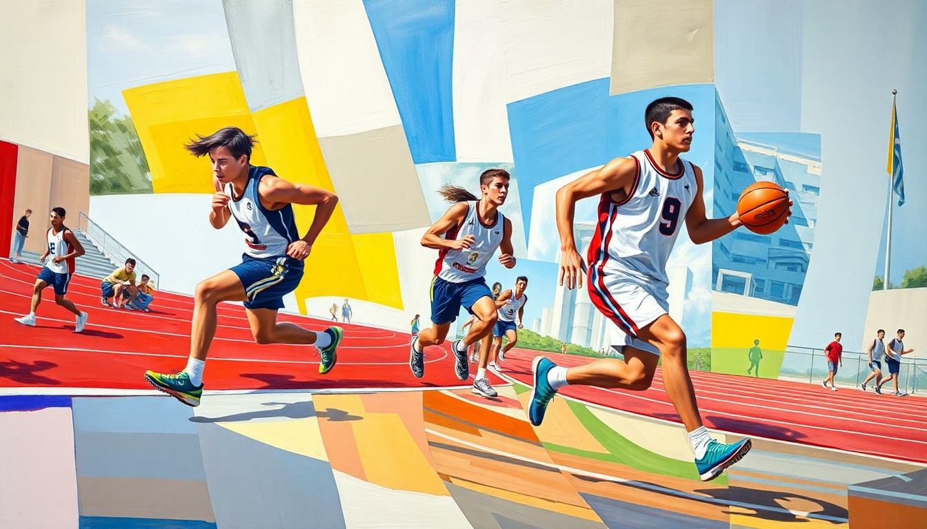 A cubist-style painting depicting a high school track runner and basketball player in motion, broken down into sharp, overlapping geometric shapes and planes of vibrant colors.