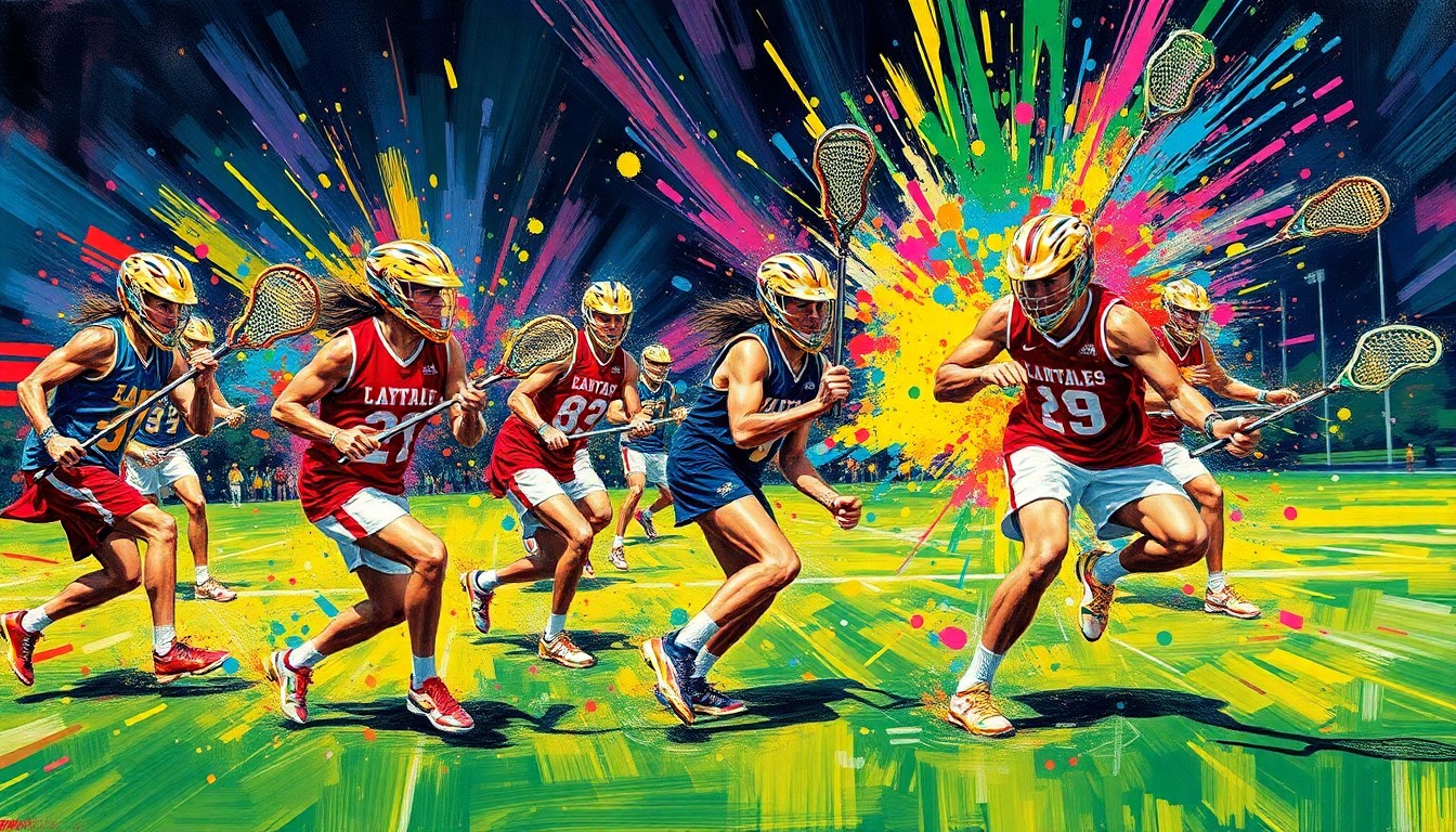 An abstract, energetic painting featuring vibrant neon brushstrokes and splatters of color, capturing the fast-paced action and intensity of a high school lacrosse game.