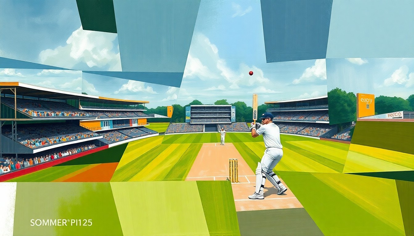 A fractured, geometric painting depicting a cricket match, with overlapping planes and shapes representing the dynamic action on the field.