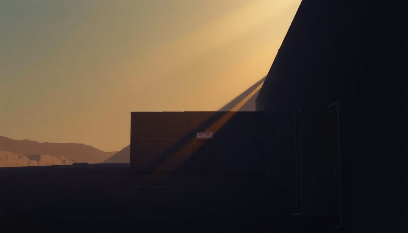 A photorealistic painting of an ICE detention facility in warm, golden light, with deep shadows emphasizing the stark, institutional architecture, conveying a sense of melancholy and isolation.