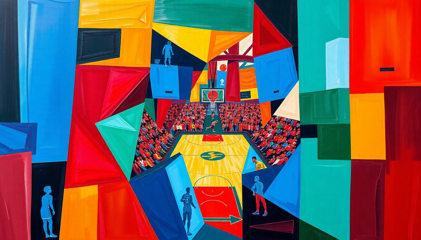 A fragmented, geometric painting in bold primary colors, capturing the dynamic movement and competing perspectives of a college basketball game.