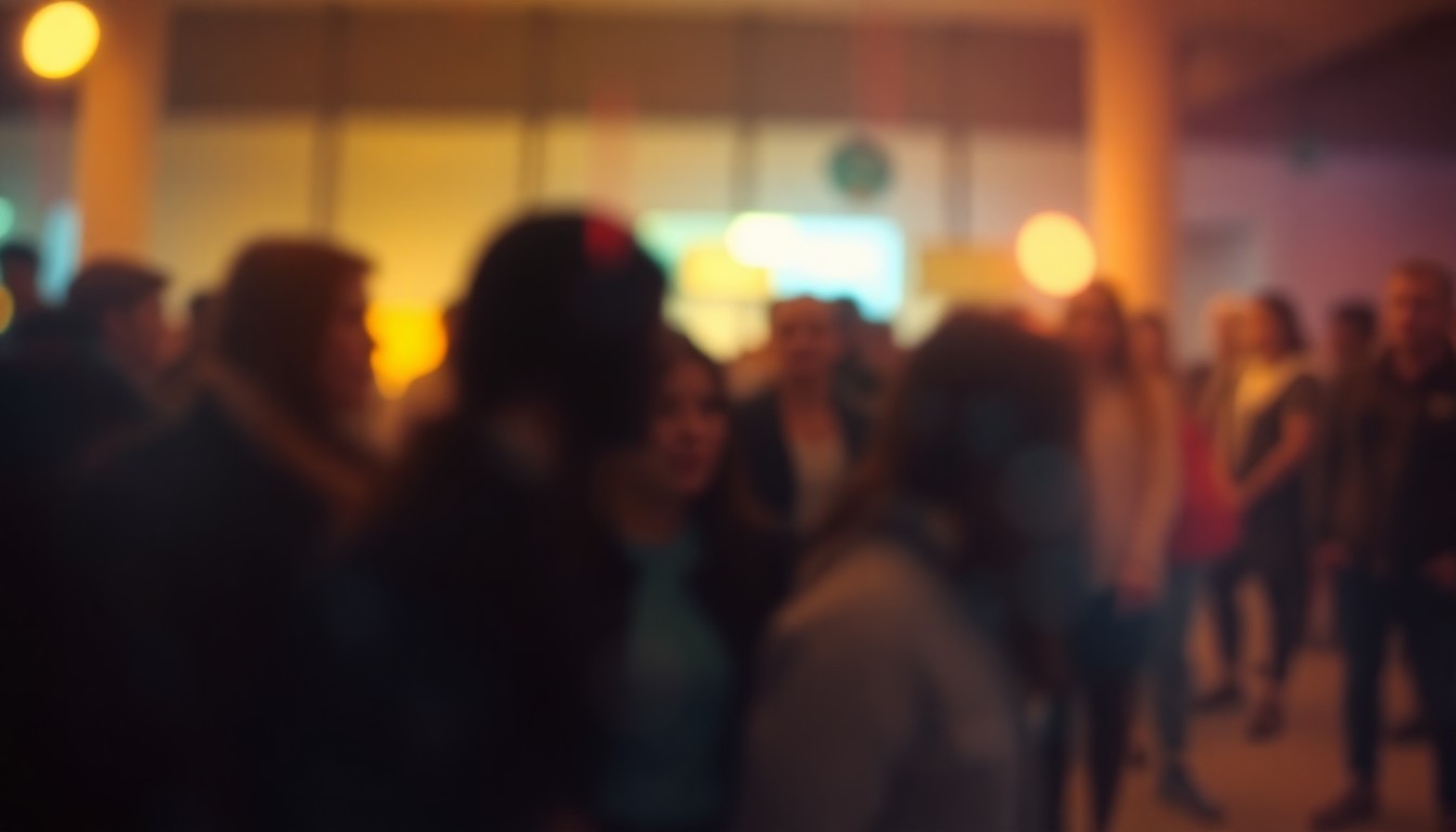 An abstract, out-of-focus scene depicting a group of young people gathered together, their forms and faces obscured in a soft, dreamlike wash of warm colors and light, conveying a sense of community and the complex emotions surrounding the issue of youth violence.