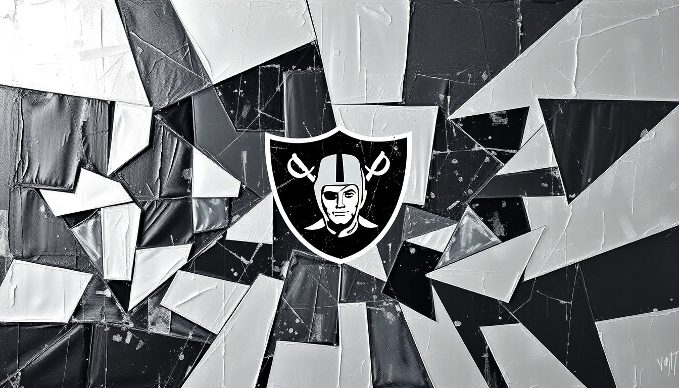 A fractured, multi-perspective painting in muted shades of silver and black, breaking down a Raiders football game into sharp, overlapping geometric planes that convey the team's strategic shift towards accountability and performance.