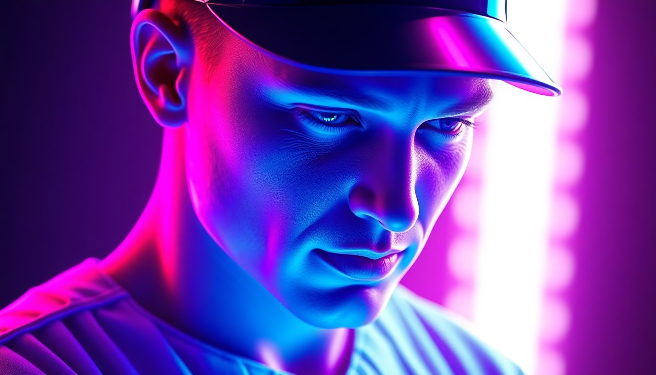 A close-up, highly detailed 3D illustration of a baseball player's face and upper body, rendered in a glowing, cyberpunk-inspired style with neon cyan and magenta lights illuminating the features. The image conceptually represents the fusion of sports history and cutting-edge technology, capturing the essence of the Genies and MLB Players Inc. partnership.