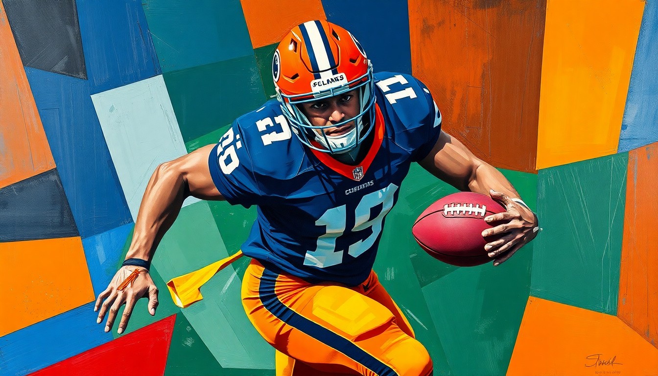 A fragmented, geometric painting depicting a football player in motion, with sharp planes of color and overlapping perspectives conveying the complexity of an NFL player's injury recovery process.
