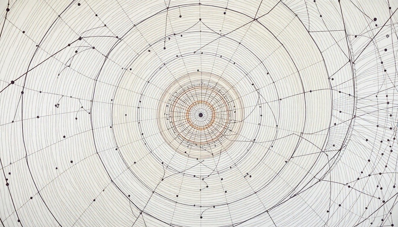 An abstract, highly structured painting in soft, muted colors depicting the complex molecular structure and chemical forces behind the strength of spider silk, using sweeping geometric arcs, concentric circles, and precise botanical spirals to convey the natural order of this scientific marvel.