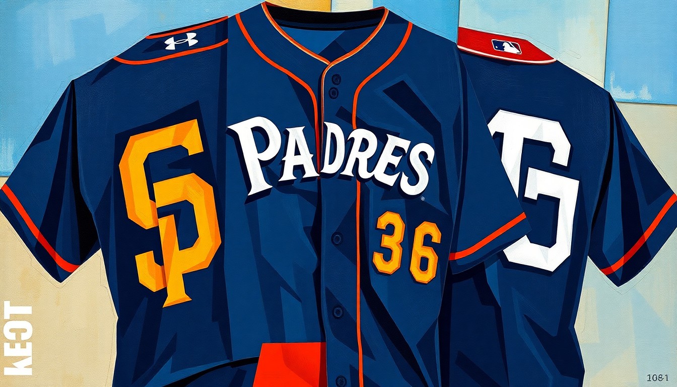 A cubist-style painting featuring fragmented, overlapping geometric shapes in vibrant colors that represent the design elements of the Padres' new City Connect jerseys, including the obsidian base, marigold pattern, and fireberry accents, conceptually illustrating the blend of tradition and modernity in the team's uniform.