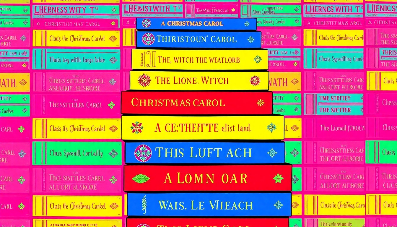 A high-contrast silkscreen print in bold neon colors depicting a grid of classic Christmas book covers, conceptually representing the enduring appeal and cultural significance of holiday literature.