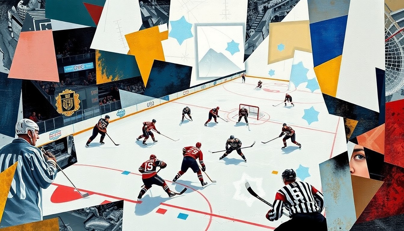 A fractured, multi-perspective painting in vibrant colors, depicting a hockey game broken down into sharp, overlapping geometric shapes and planes, capturing the intensity and controversy of a disputed penalty call.