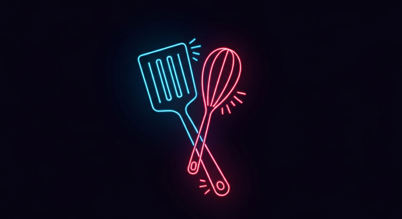 A minimalist illustration featuring a glowing neon outline of a kitchen utensil, such as a spatula or whisk, against a dark background, conceptually representing the need for cleanliness and safety in food service establishments.
