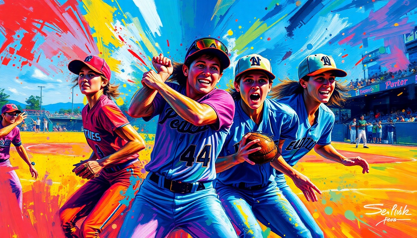 An abstract expressionist painting with vibrant neon brushstrokes capturing the intense final moments of a softball game, players' forms dissolving into a blur of color and energy.