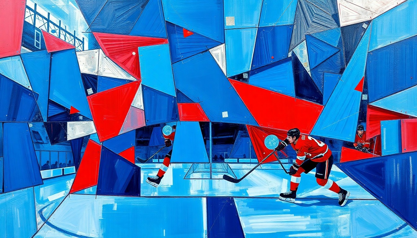 A cubist, geometric painting depicting a hockey game or match, with sharp, overlapping planes of color and form representing the dynamic action and energy of the sport.