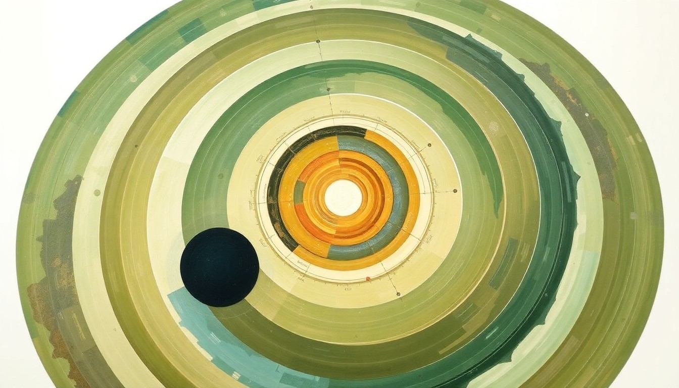 A highly structured abstract painting in soft, earthy tones of green, brown, and blue, featuring sweeping geometric arcs, concentric planetary circles, and precise botanical spirals, conceptually representing the delicate chemical balance that enabled life on Earth.