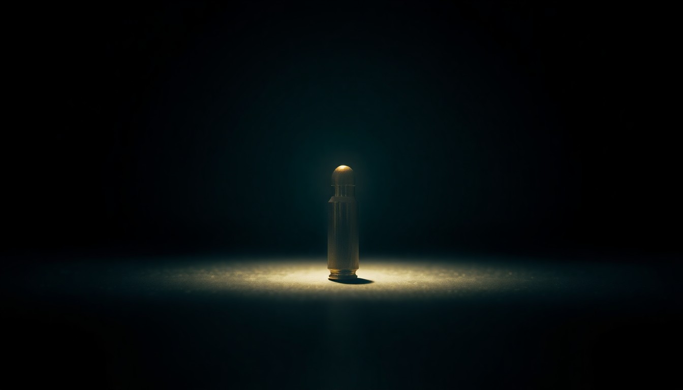 An extreme close-up photograph of a single bullet casing on a dark surface, lit by a harsh, direct camera flash, conceptually representing the forensic evidence in a murder-for-hire investigation.