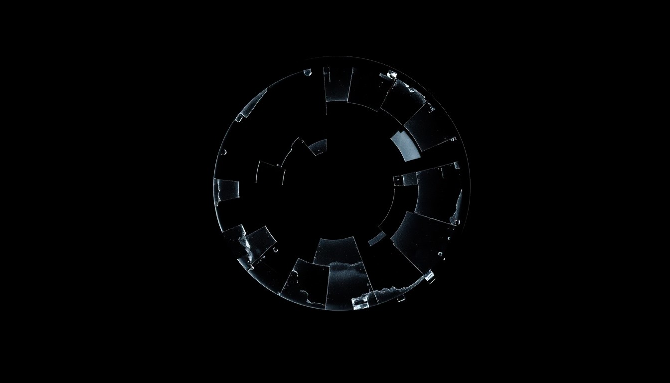 An extreme close-up photograph of a shattered water cooler lens reflecting a faint light, conceptually illustrating the lethal consequences of a split-second decision by a police officer.