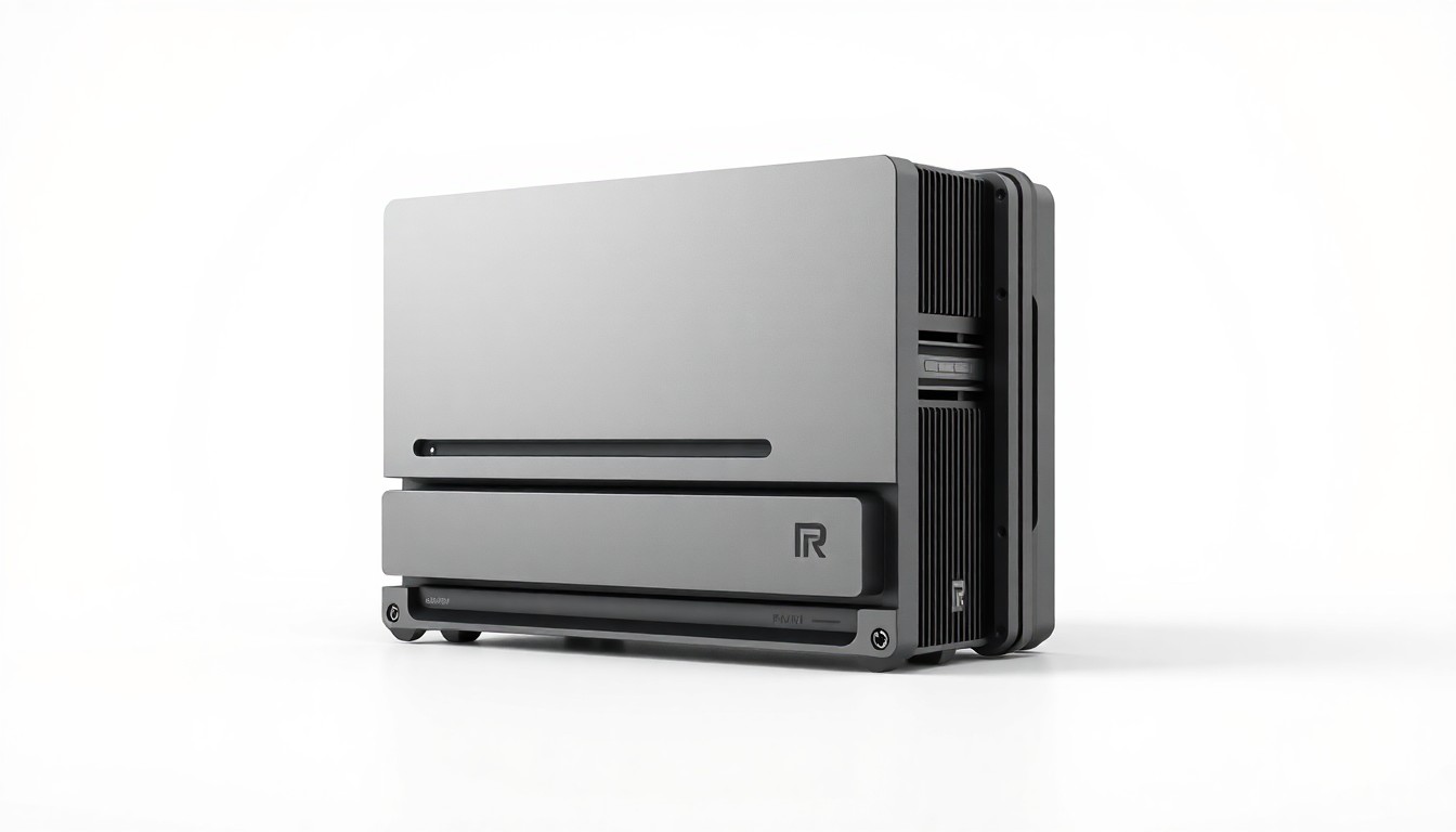 An extreme close-up of a sleek, minimalist computer hardware device with clean lines and subtle metallic accents, conceptually representing the advanced technology innovations led by Stan Schekall.