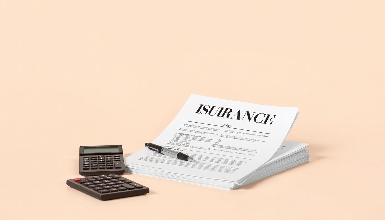 A photorealistic studio still life featuring a stack of insurance documents, a pen, and a calculator arranged on a clean, monochromatic background, conceptually representing the integration of insurance services into Stable Rock's professional services platform.
