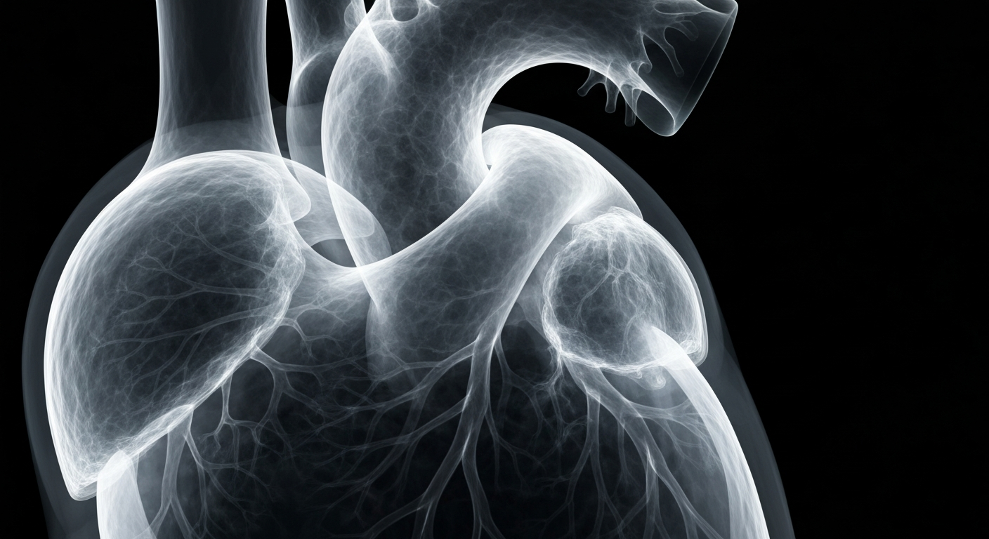 An extreme close-up of a human heart's internal structures, captured in a ghostly, translucent X-ray style, conceptually representing the advancements in cardiovascular research.