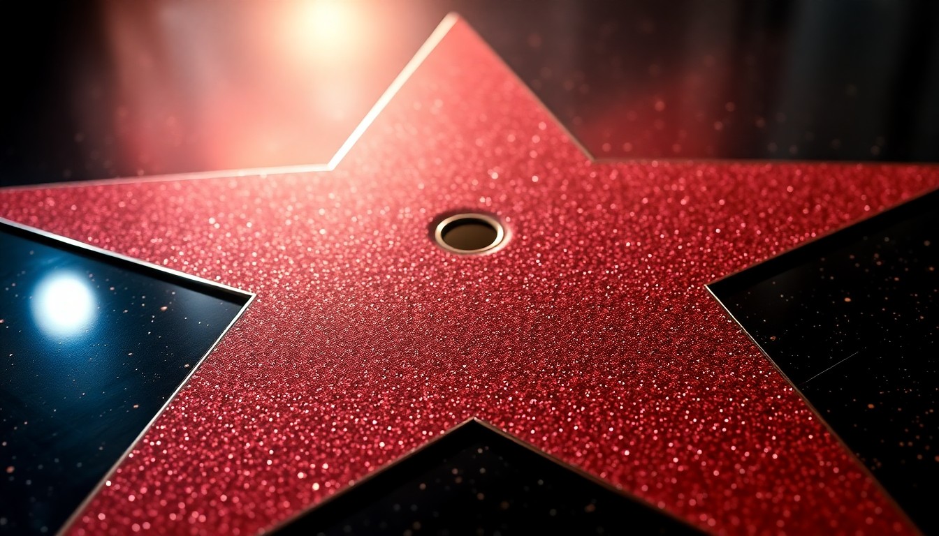 An extreme close-up photograph of a highly reflective, metallic star texture, captured in dramatic studio lighting to create a sense of glamour and prestige.