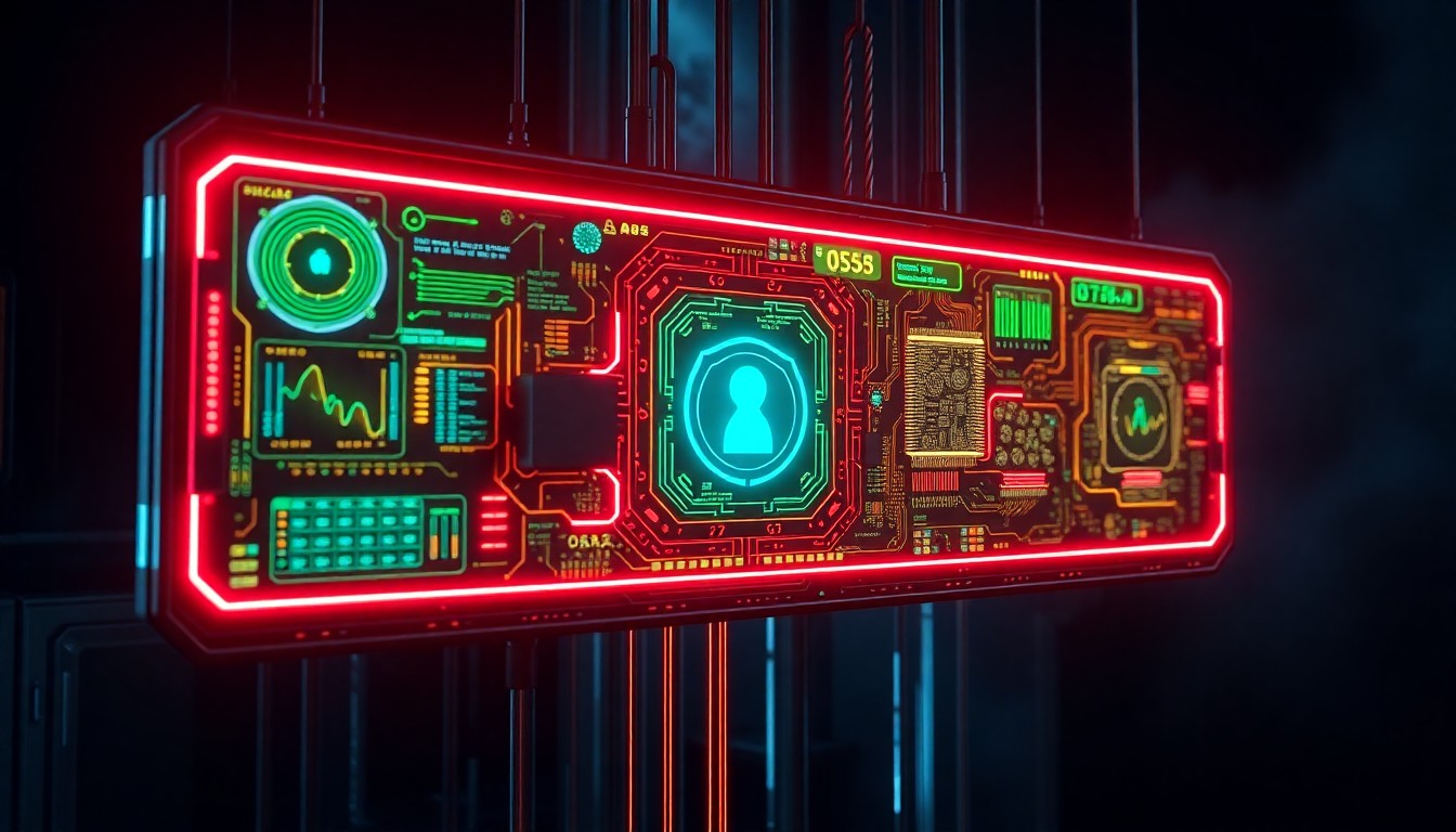 A highly detailed 3D illustration of a glowing, futuristic cybersecurity control panel with pulsing neon lights, intricate circuit boards, and holographic data visualizations, conceptually representing the complex and high-stakes nature of modern information security.