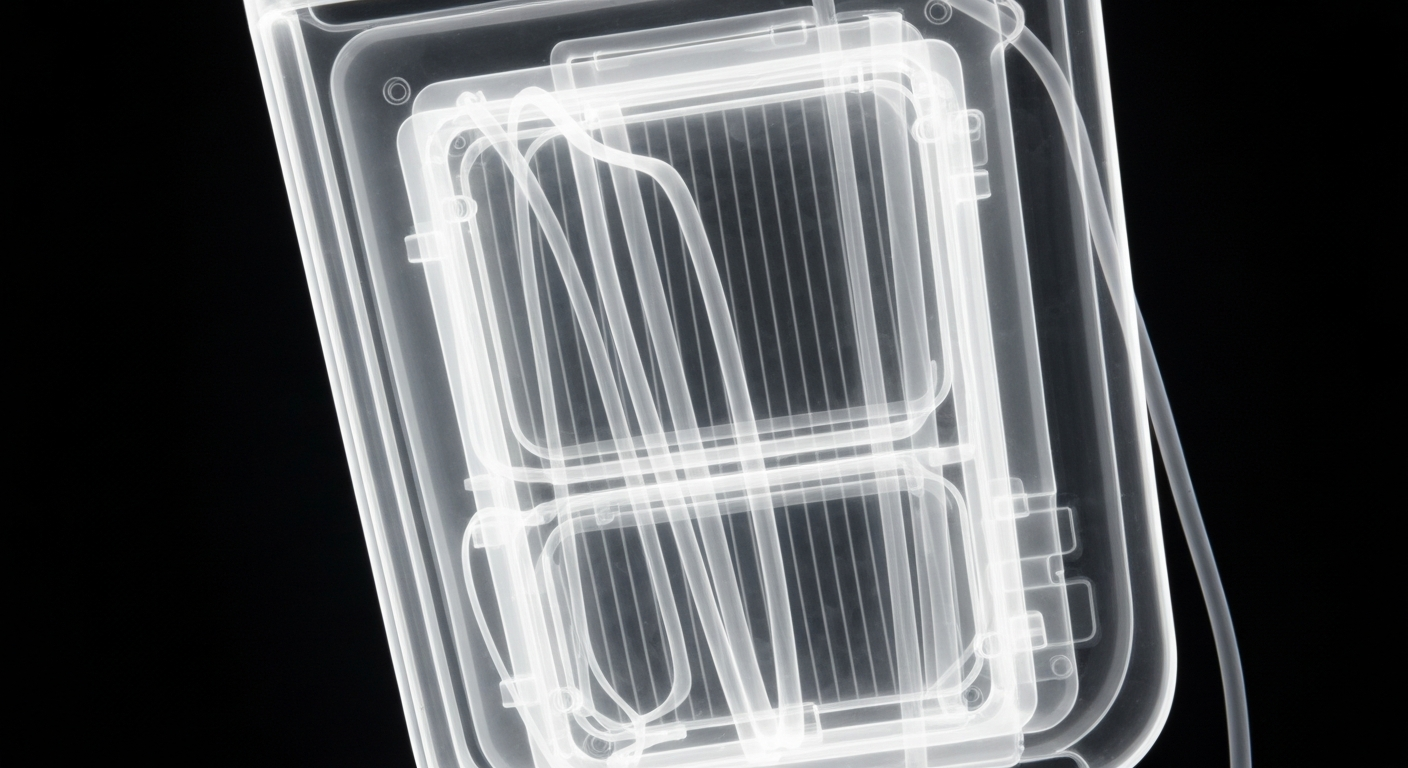 A ghostly, translucent X-ray image revealing the internal components of an air purifier device, conceptually illustrating the need for thorough evaluation of such products.