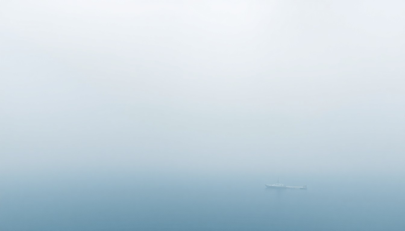 A serene, atmospheric landscape painting depicting a misty, fog-shrouded lake or river, with the distant outline of a boat ramp barely visible through the hazy, dreamlike scene, conveying a sense of melancholy and the overwhelming power of nature.