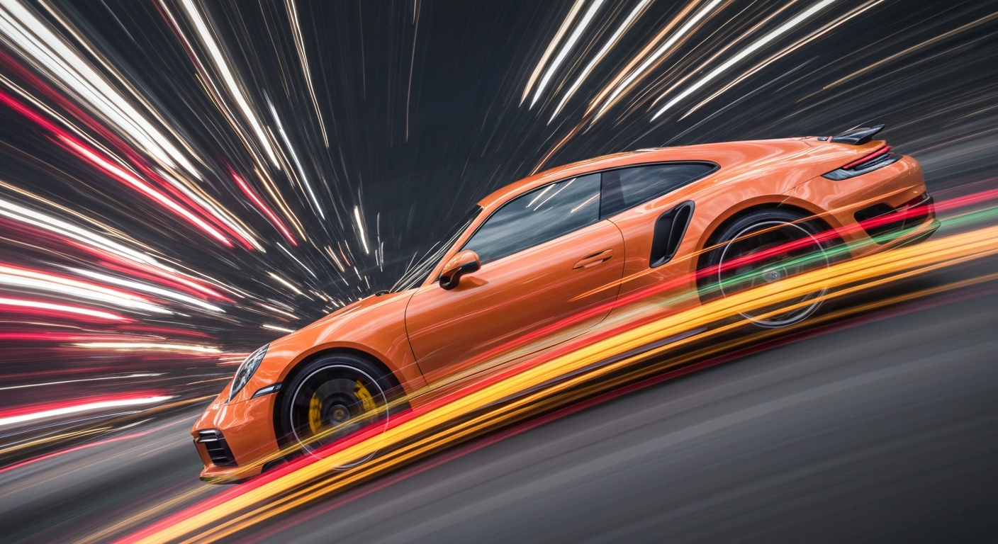 An abstract, colorful image depicting a Porsche 911 Turbo S in motion, with the car's form reduced to sweeping brushstrokes of vibrant hues that convey a sense of speed and power.