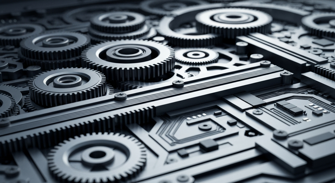 An extreme close-up of the intricate mechanical and digital components of a high-tech stock trading system, conveying a sense of power, precision, and financial security through its heavy, industrial aesthetic.