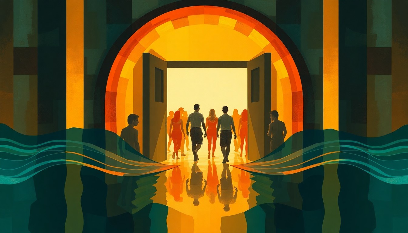 A fractured, abstract painting in warm colors depicting a group of people entering the doorway of a bathhouse, conveying the energy and movement of the contentious proposal to legalize such venues in Minneapolis.
