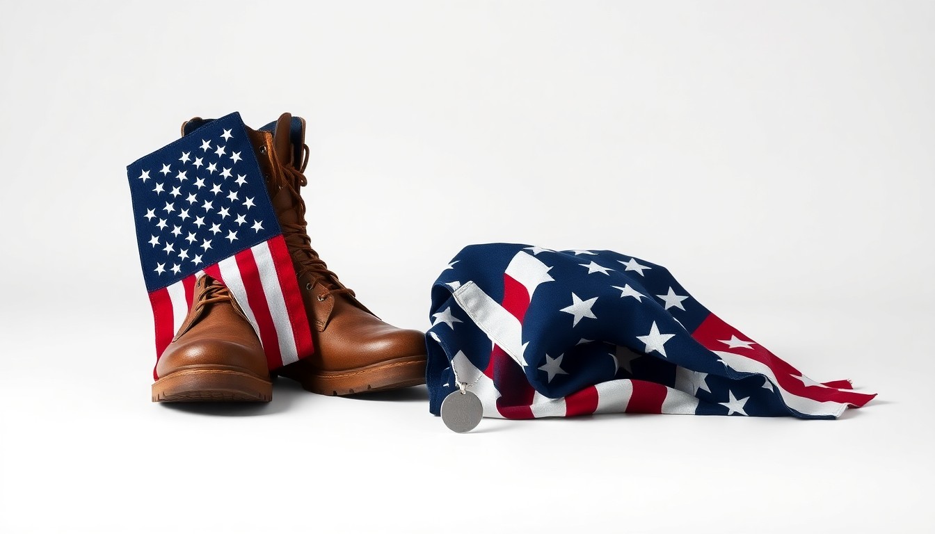 A photorealistic studio still life featuring a pair of military boots, a dog tag, and a folded American flag arranged on a clean, monochromatic background, conveying the somber significance of honoring those who have served.