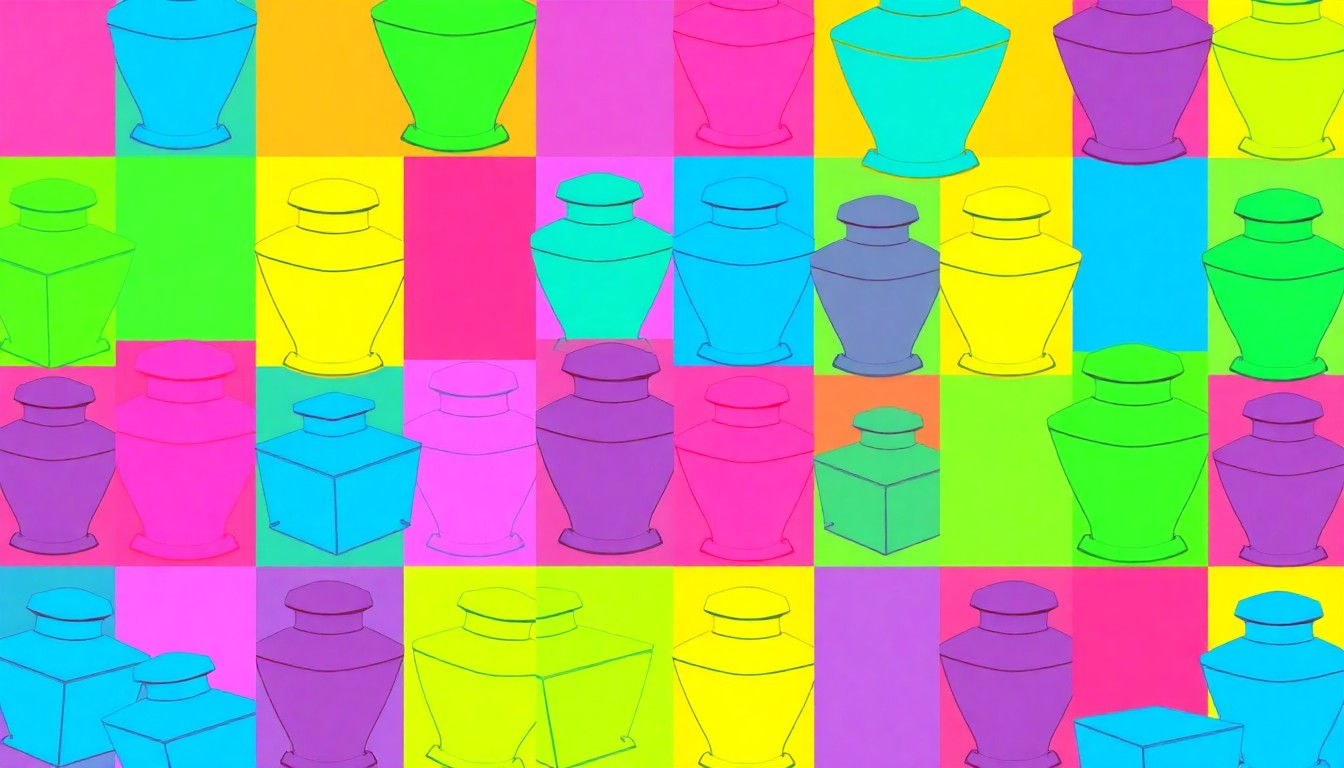 A vibrant, high-contrast silkscreen illustration featuring a repeating pattern of a single, iconic funeral urn or casket object in a grid, rendered in a bold, neon color palette that evokes the pop art style of Andy Warhol. The image conceptually represents the baby boomer generation's unique approach to death and the deathcare industry's adaptation to their preferences.