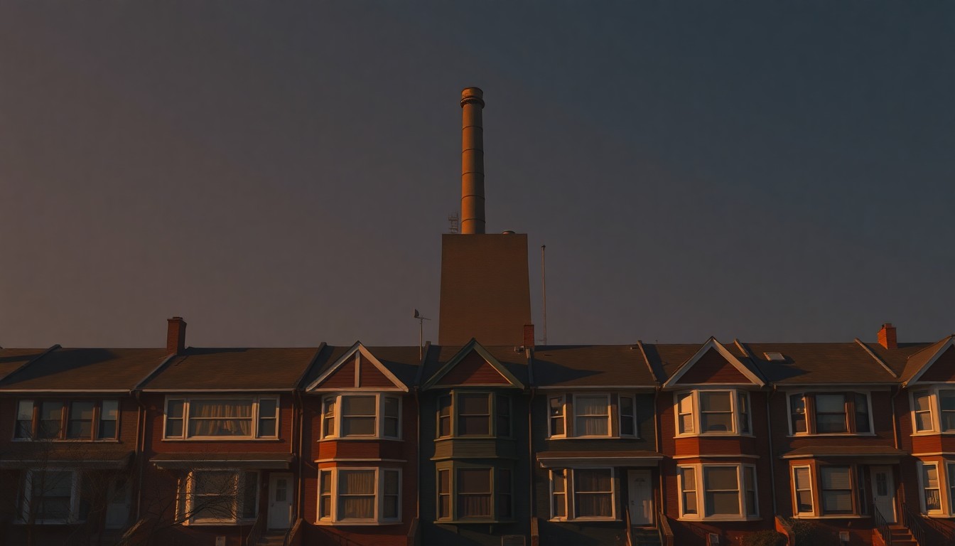 A serene, nostalgic painting depicting the towering smokestack of a waste incinerator rising above a row of modest row houses, the scene bathed in warm, golden light and deep shadows, conceptually representing the environmental burdens borne by some communities on behalf of others.