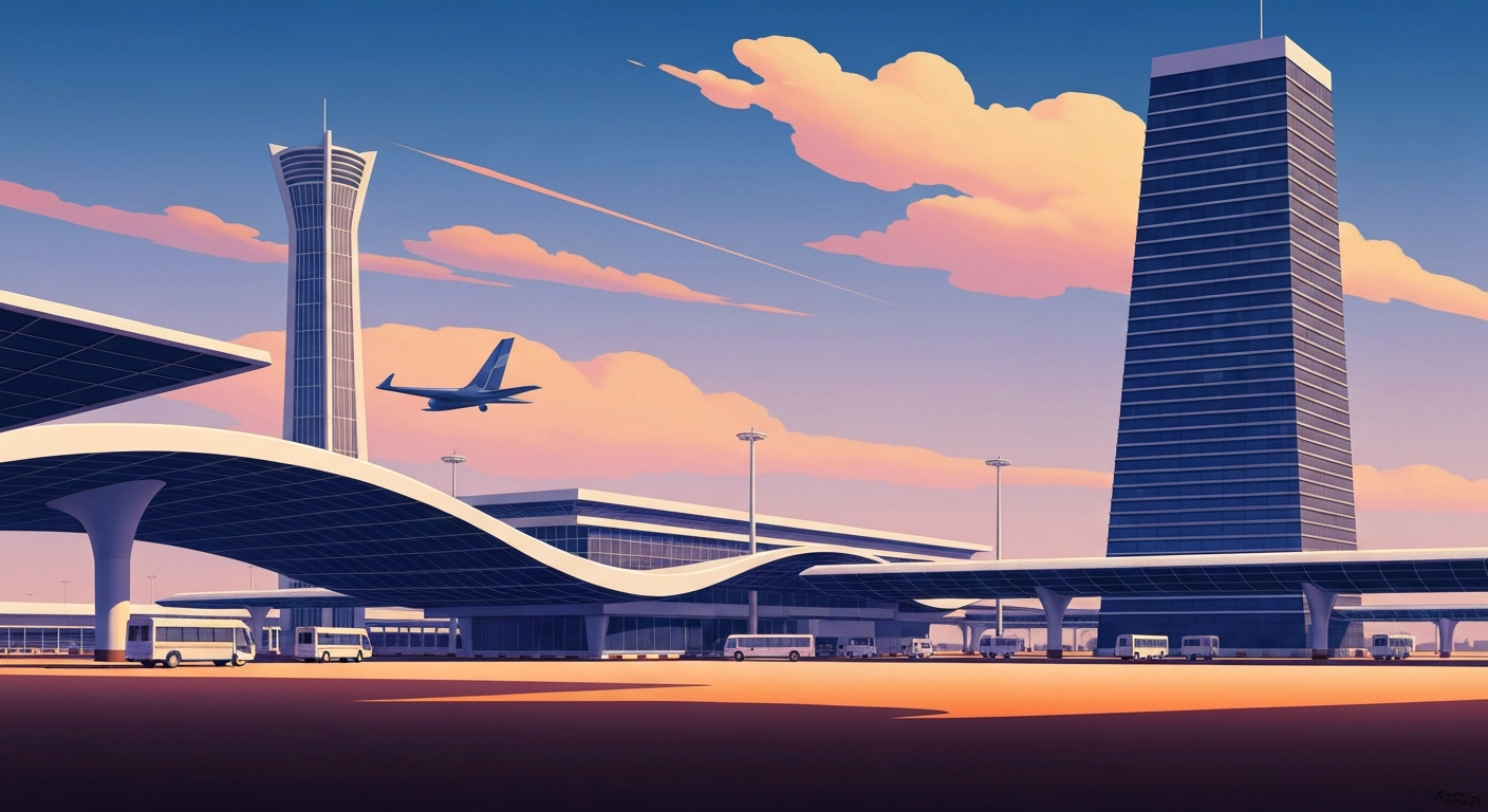 A bold, geometric illustration depicting the grand scale and sweeping architecture of an airport, with smooth gradients and streamlined forms conveying the conceptual challenges of managing airport crowds and security lines.