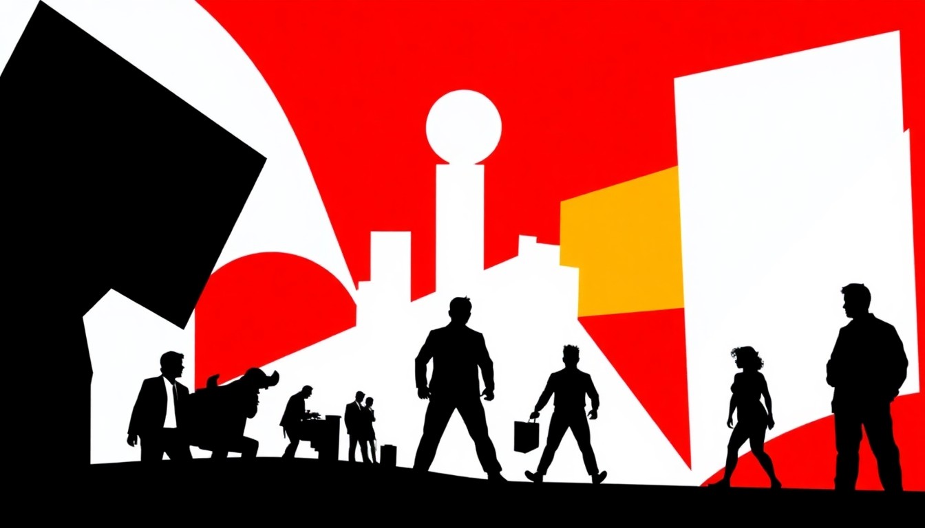 A striking abstract composition of bold geometric shapes and high-contrast colors, representing the diverse range of iconic '90s comedy films in a stylized, minimalist fashion.