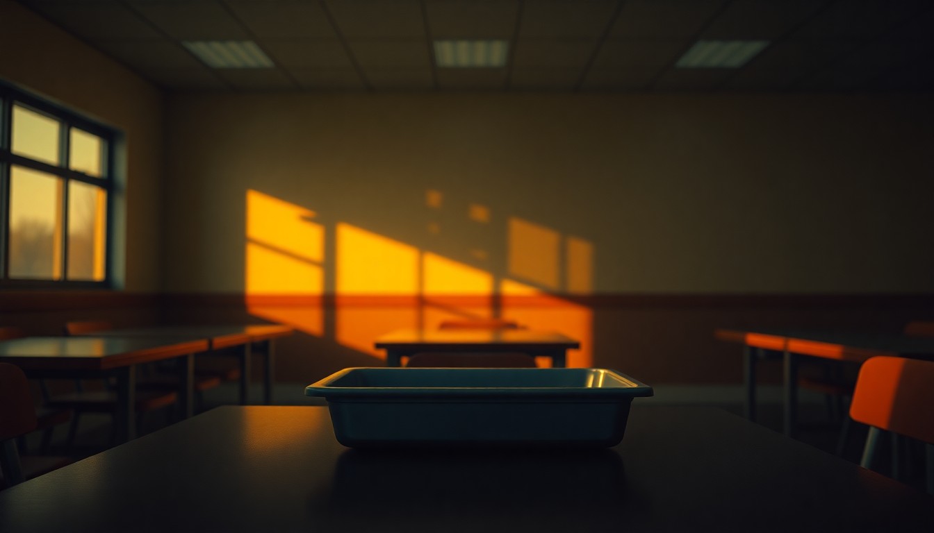 A photorealistic painting of a simple school cafeteria lunch tray filled with food, bathed in warm, golden light and surrounded by deep shadows, conveying a sense of quiet contemplation about the importance of providing nutritious meals to students.