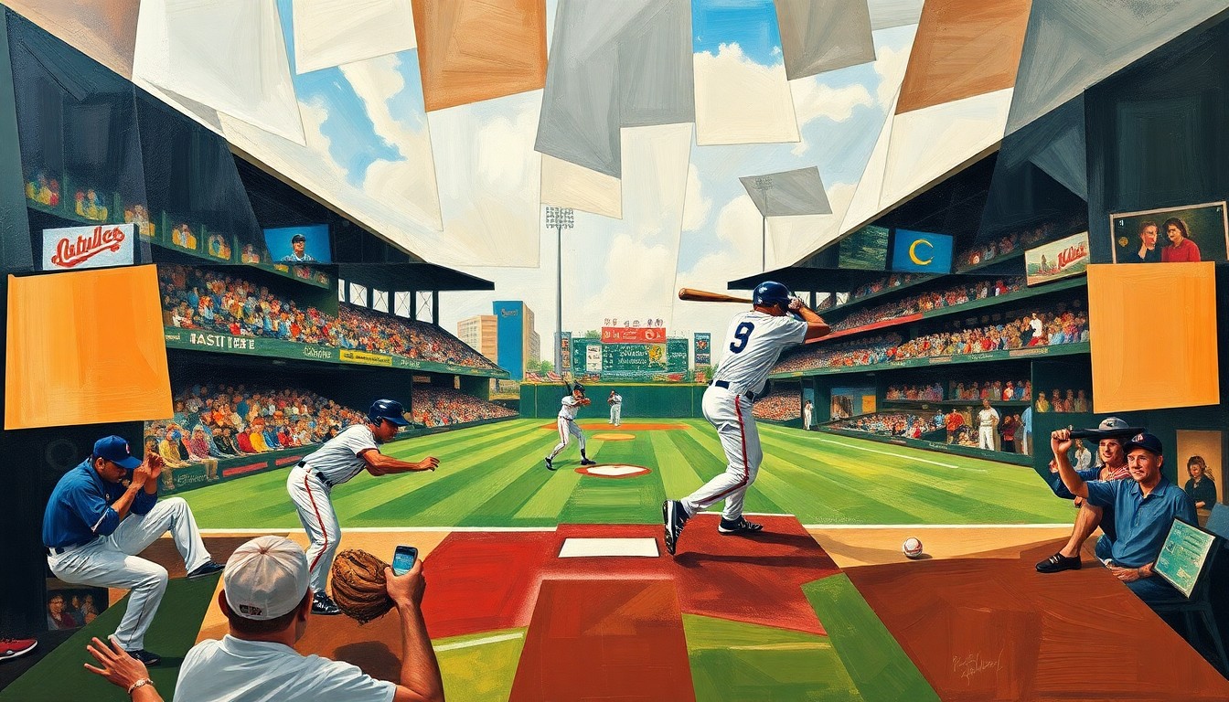 A cubist-style painting depicting a baseball player in motion, with their form broken down into overlapping geometric shapes and planes in shades of blue, green, and orange.