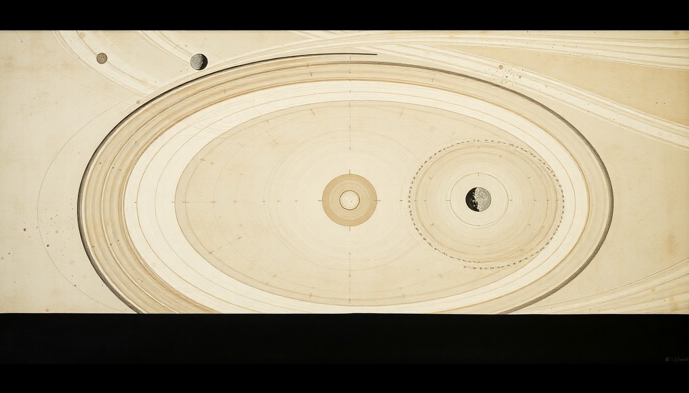 A highly structured abstract painting in soft, earthy tones, featuring sweeping geometric arcs, concentric circles, and precise spirals, conceptually representing the complex forces and phenomena observed during the Artemis 2 mission to the Moon.