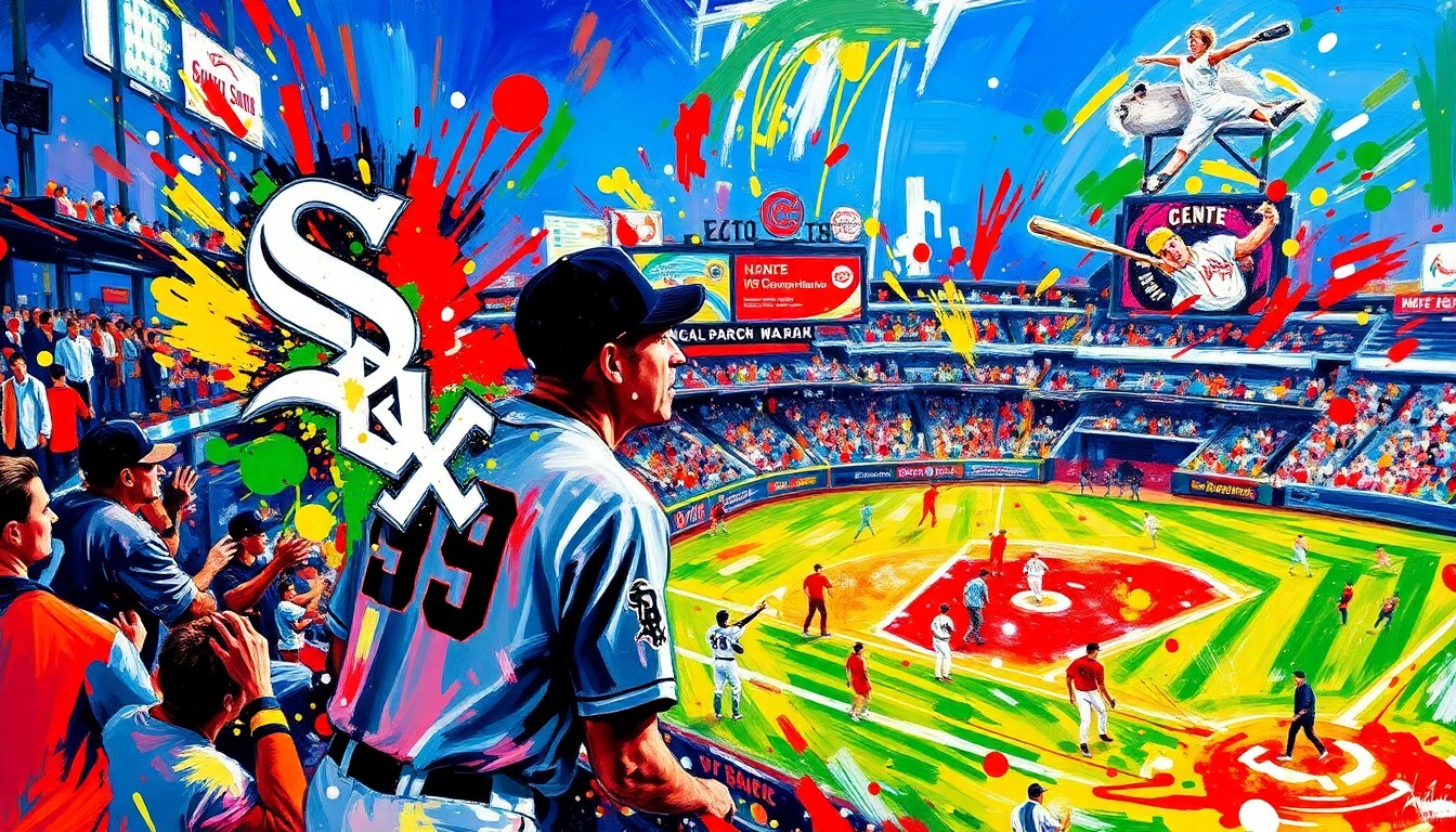 An abstract expressionist painting in neon colors capturing the energy and excitement of a baseball game, with the White Sox logo and religious imagery blending together in a vibrant, unrecognizable display.
